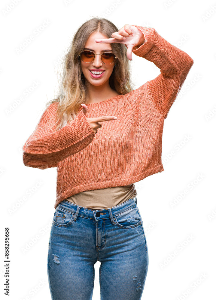 Poster beautiful young blonde woman wearing sunglasses over isolated background smiling making frame with h