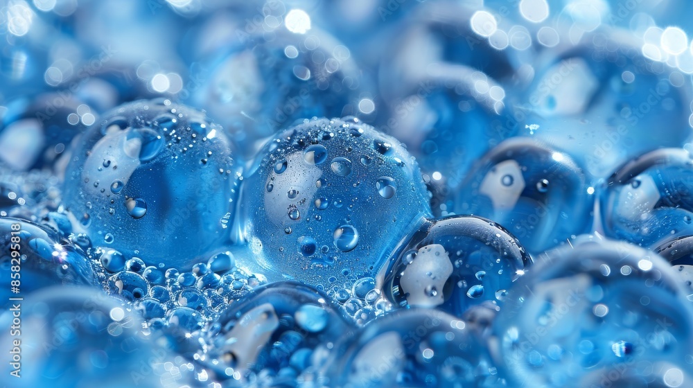 Poster a detailed close-up image showcasing blue, translucent bubbles adorned with water droplets, creating