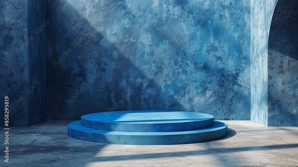 Poster a minimalist image featuring a circular blue platform set against a textured, abstract blue wall wit