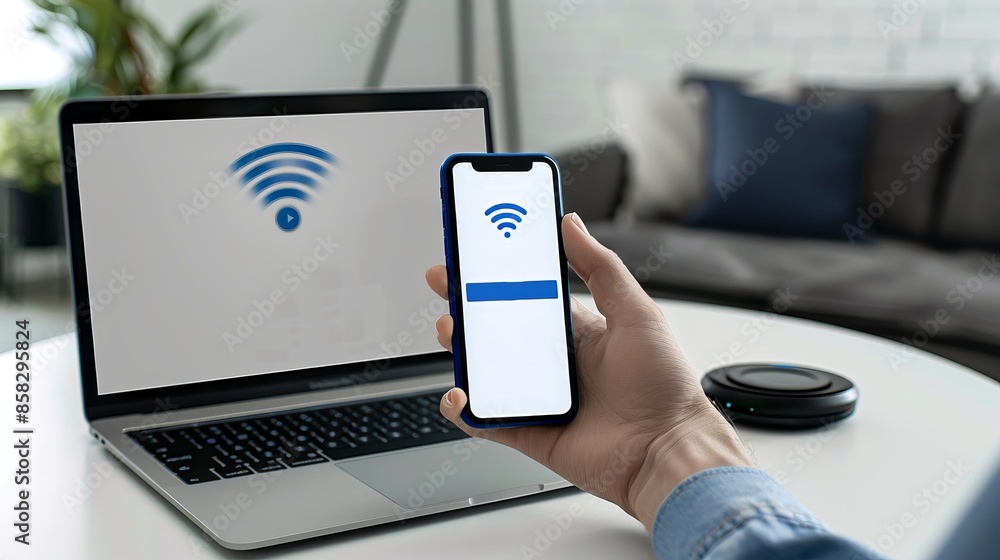 Aufkleber person holding a smartphone with a wifi connection symbol displayed next to an open laptop. modern t