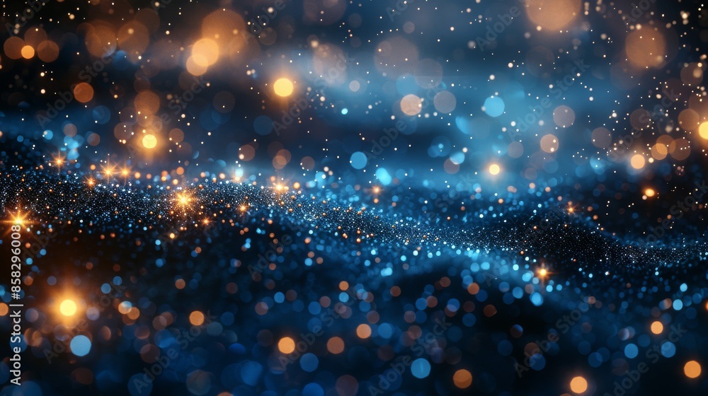 Poster an abstract image featuring luxurious blue sparkles and golden bokeh lights creating a starry, mysti