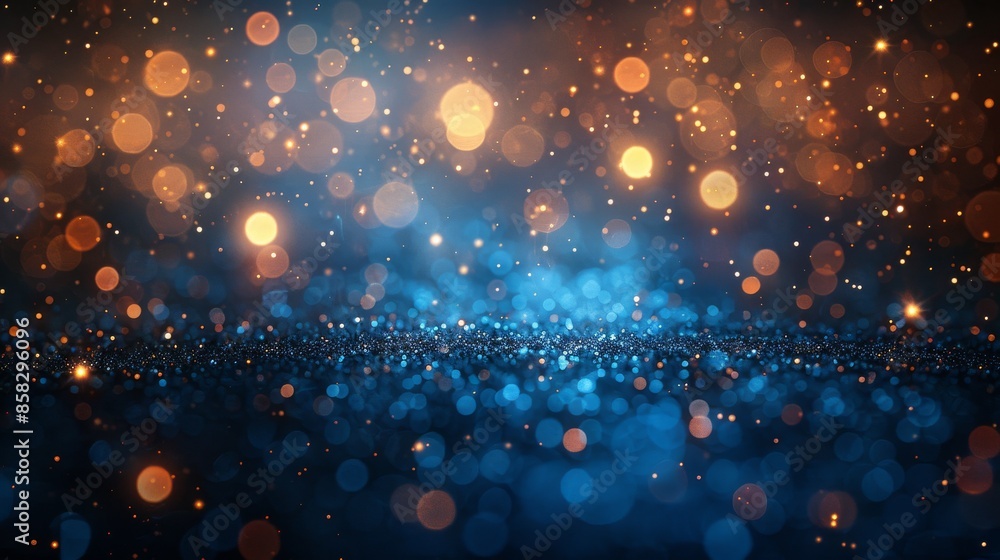 Poster this abstract image showcases stunning golden bokeh lights upon a deep blue background, creating a c