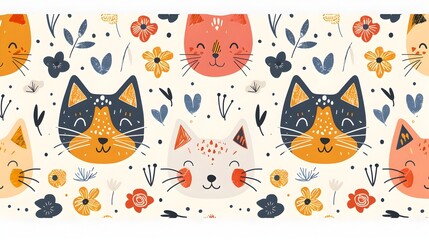 Colorful Whimsical Cats in Floral Pattern Background