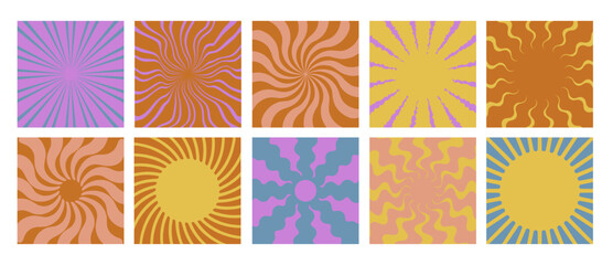 Set of retro sunburst. Wavy rays. Radial sun rays in warm beige, yellow, pink colors. Design for logo, branding, print, backdrop, background. Vector illustration