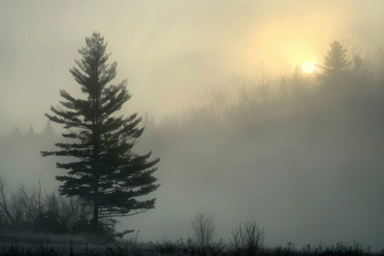 Fototapeta Foggy Morning in Vermont: Misty Forest Landscape with Sunrise Glow