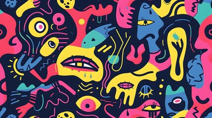 Vibrant Psychedelic Abstract Pattern with Playful Shapes and Funky Textures
