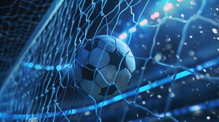 Soccer Ball in a goal. soccer ball on green grass in the center of a stadium