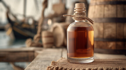 Rum bottle | wrapped in rope | placed on rustic wooden surface | blurred pirate ship | barrels in background | nautical theme | warm, vintage aesthetic | rugged ambiance | product mockup