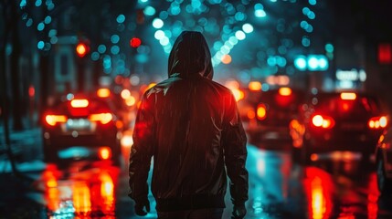 Obraz premium A solitary figure in a jacket walks down a wet street, illuminated by the ambient glow of city lights and taillights of cars, creating a moody, atmospheric nighttime urban scene.