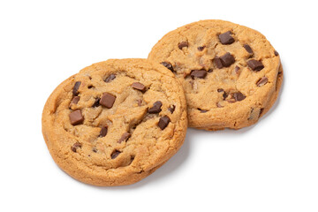 Pair of homemade sweet American chocolate chip cookies isolated on white background close up