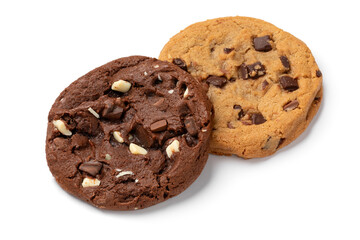 Pair of homemade sweet American chocolate chip cookies isolated on white background close up