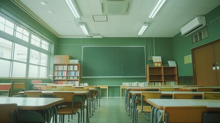 Empty green classroom with wooden desks and large windows, illuminated by bright natural light, showcasing a modern educational environment