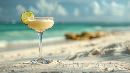 steamed glass with a cold daiquiri cocktail made of rum and lime on the beach.