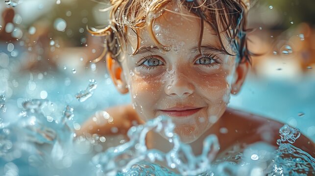 A boy with a wide smile swims underwater, with water splashing around playfully, capturing a vibrant and joyous moment of summer fun and carefree childhood delight.
