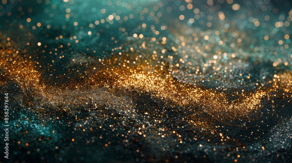Poster a stunning abstract image featuring a blend of teal and gold glitter, creating an enchanting and vib