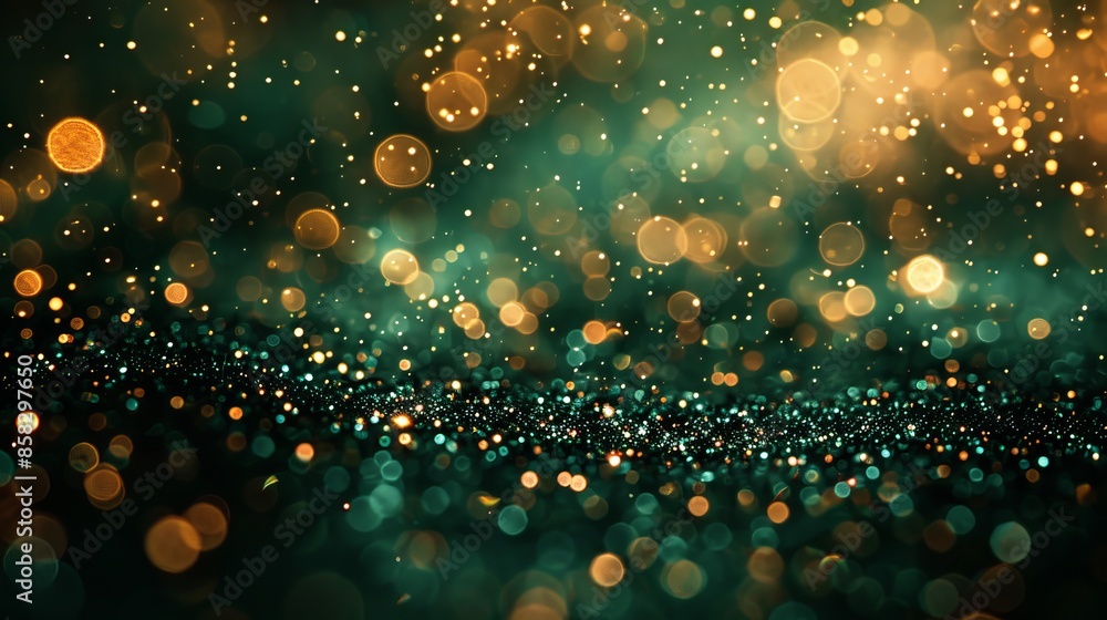 Poster a captivating image displaying bokeh lights in various green and gold shades, creating a warm and in