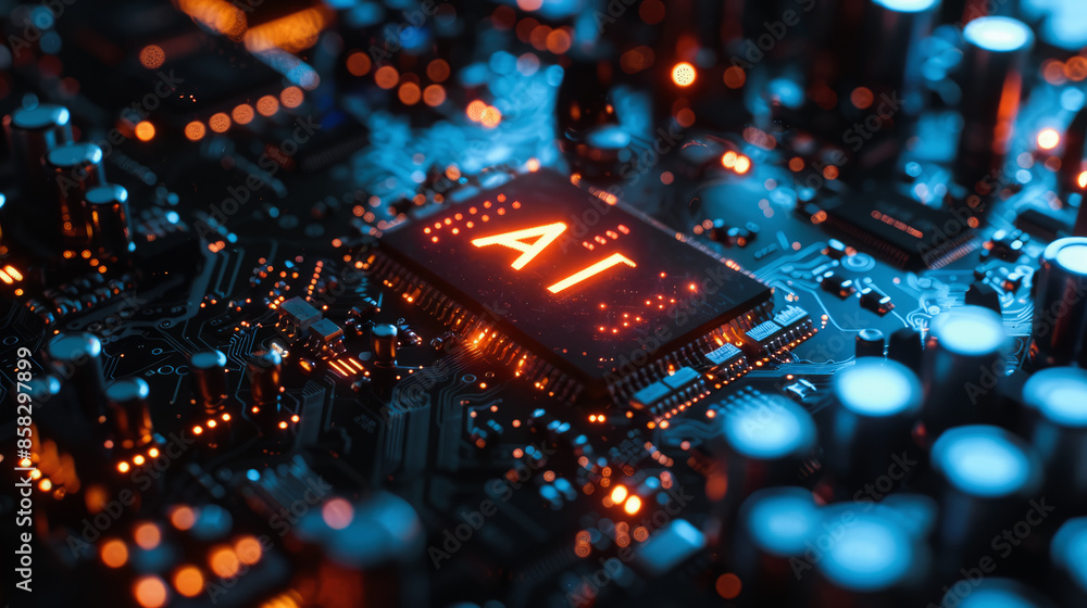Poster artificial intelligence and ai technology concept processor chip or mother board background llms
