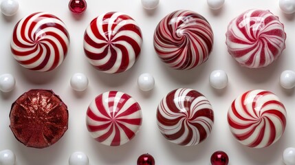 A collection of red and white circular swirled candies neatly arranged with a mix of solid white circular candies and decorative elements on a white background.