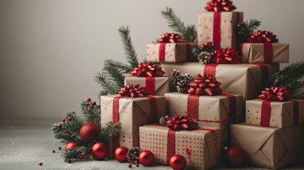 A stunning collection of beautifully wrapped gifts adorned with red ribbons and festive decorations, perfect for holiday celebrations and creating a cheerful atmosphere.