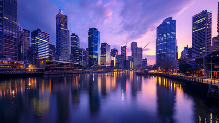 Naklejka premium A bustling modern city skyline at twilight, with skyscrapers reflecting in the calm river below