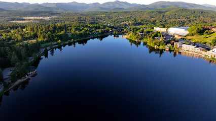 Aerial view of Mirror Lake in Lake Placid, New York in the early morning