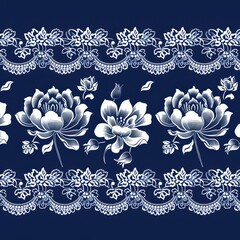 Floral Lace Design, White flowers and lace patterns on navy background, Elegant Textile Art
Navy and White Blooms, Intricate floral motifs with lace details, Classic Decorative Pattern
Botanical Lace 