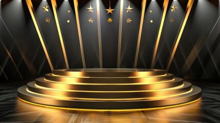 A beautifully designed golden stage with a multi-tiered platform accented by glowing lights and geometric patterns, highlighted with stars. Ideal for award ceremonies or presentations.