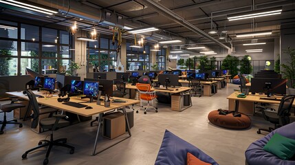 tech startup open-space office with ergonomic workstations, collaborative areas, and a lounge zone with gaming consoles and bean bags