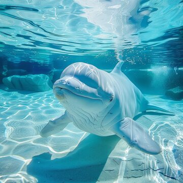 A white dolphin is swimming in the ocean