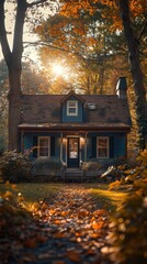 House with a porch and a porch covered in leaves