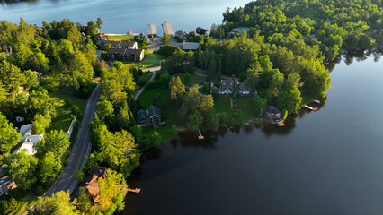 Aerial view of Mirror Lake, Lake Placid and the strip of land in between