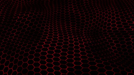 Illuminated red honeycomb field with glowing hexagon grid pattern floating on a dark background. Digital technology animation for computer science, programming and cyber space visualization. 4k 60 fps - Powered by Adobe