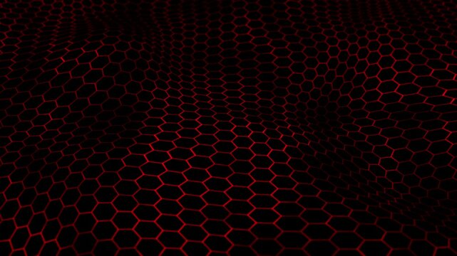 Illuminated red honeycomb field with glowing hexagon grid pattern floating on a dark background. Digital technology animation for computer science, programming and cyber space visualization. 4k 60 fps