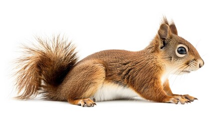 Eurasian red squirrel in front of a white background. 