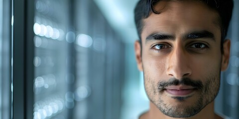 Portrait of a South Asian IT specialist in a server room showcasing technical expertise. Concept Portrait Photography, IT Specialist, Server Room, Technical Expertise, South Asian Portrait