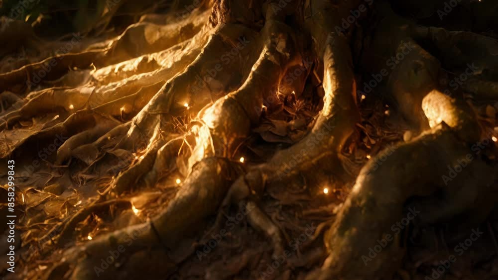 Poster the gnarled roots of the tree are illuminated by the bright led lights casting shadows that add dept