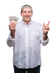 Handsome senior man holding bunch of money over isolated background very happy pointing with hand and finger to the side