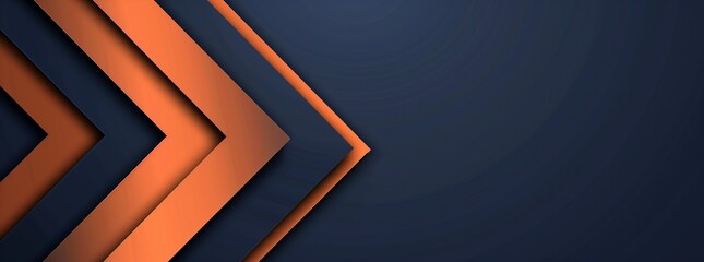 Corporate vector banner in blue with an abstract orange arrow and geometric shapes.