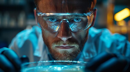 A scientist in protective eyewear and gloves focuses on examining a petri dish in a dimly-lit laboratory environment, reflecting intense concentration and expertise.