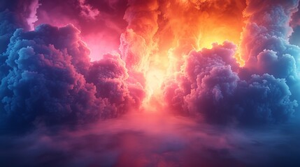 A mesmerizing sunset scene with radiant, colorful clouds in a fantastical dreamscape, reflecting a magical and enchanted atmosphere that stirs the imagination with boundless creativity.