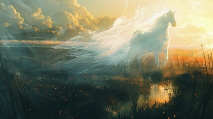 Mystical Digital Art of Ghostly Horse in Dreamy Landscape at Sunset