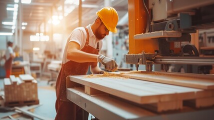 carpenter works wood with modern machines in a large workshop
