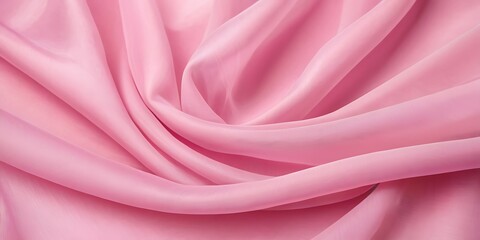 Obraz premium Delicate pink organza chiffon fabric background with swirl creased texture. Sewing fashion clothes making wedding women's apparel concept 