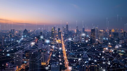 Fototapeta premium A cityscape with a network of lights and a city skyline. Generate AI image