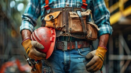 A construction worker, clad in a flannel shirt and an equipped tool belt, holds a red hard hat, ready for work on an outdoor construction site, underscoring preparedness and commitment.