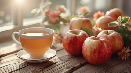 This image features a cup of tea beside fresh apples on a rustic wooden table with a sunlight glow, portraying a cozy and inviting home atmosphere.