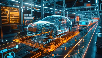 Obraz premium Futuristic Car Assembly Line with Holographic Imaging
