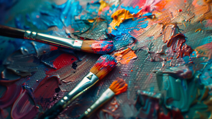 Obraz premium An artist's palette with vibrant paint splashes and brushes