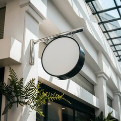 Blank Round Outdoor Sign Mockup on Modern Building Facade with Greenery and Glass Ceiling - Generative ai