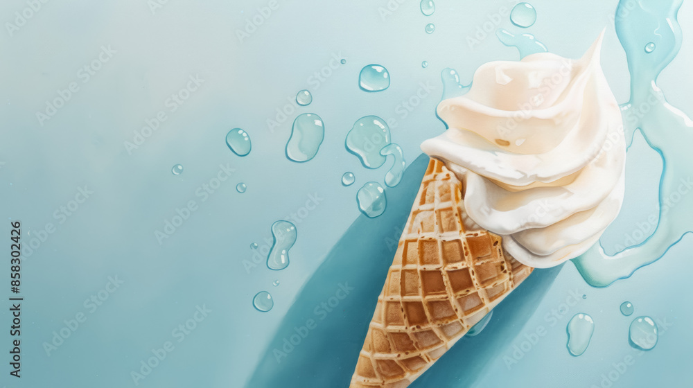 Sticker Melted ice cream cone on a light blue background, symbolizing summer heat and melting problems